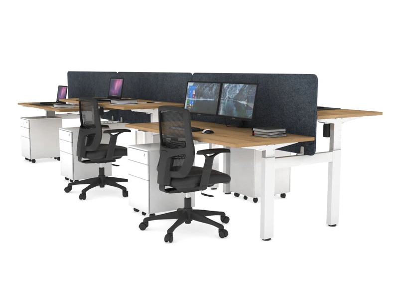 Just Right Height Adjustable 6 Person H-Bench Workstation - White Frame [1200L x 700W] - salvage oak, dark grey echo panel (820H x 1200W), none