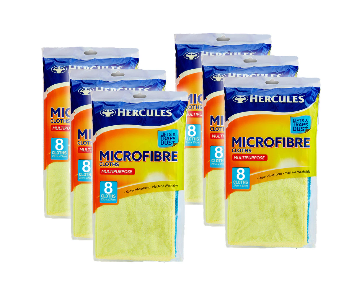 6 x 8pc Hercules Microfibre Multipurpose House Cleaning Cloths 27cm Blue/Yellow