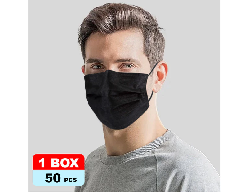 50Pk 3 Layer Protective Disposable Single Packing Face Masks - Black