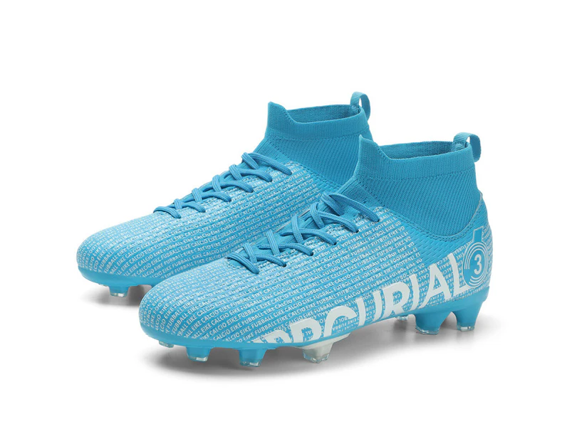 Men's High Top Slip-On Soccer Shoes Super Light Turf Football Boots Grass Training Shoes -Blue