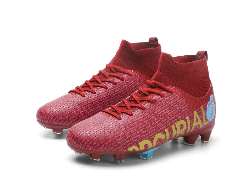 Men's High Top Slip-On Soccer Shoes Super Light Turf Football Boots Grass Training Shoes -Red