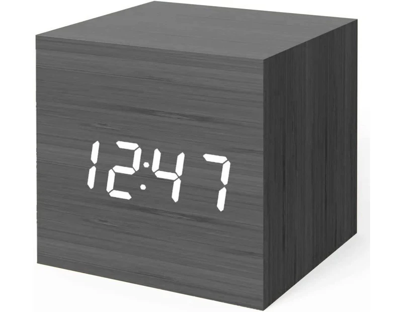 Digital Alarm Clock, Wood LED Light Mini Modern Cube Desk Alarm Clock Displays Time Date Temperature Kids, Bedroom, Home, Dormitory, Travel (Black)