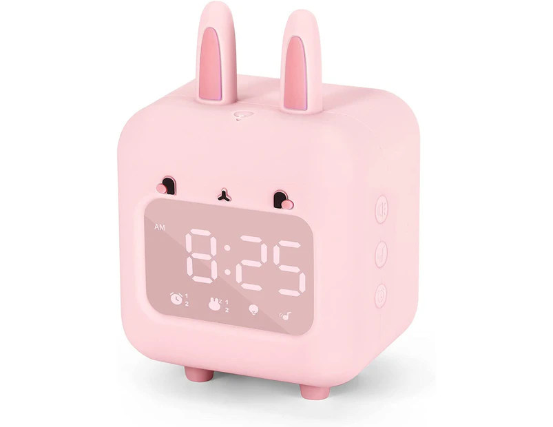 Kids Alarm Clock, Digital Alarm Clock, Cute Bunny Alarm Clock for Girls, White Noise Alarm Clock, Night Light with USB Children's Alarm Clock(Pink)
