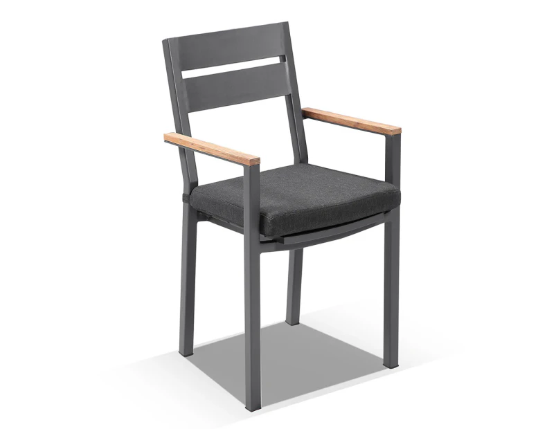 Outdoor Capri Outdoor Aluminium Dining Chair With Teak Timber Arm Rests - Outdoor Teak Chairs - Charcoal Aluminium with Denim