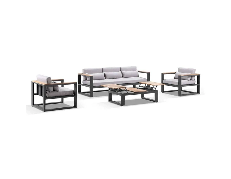 Outdoor Balmoral 3+1+1 Seater Outdoor Aluminium And Teak Lounge Setting - Outdoor Aluminium Lounges - Charcoal with Textured Grey