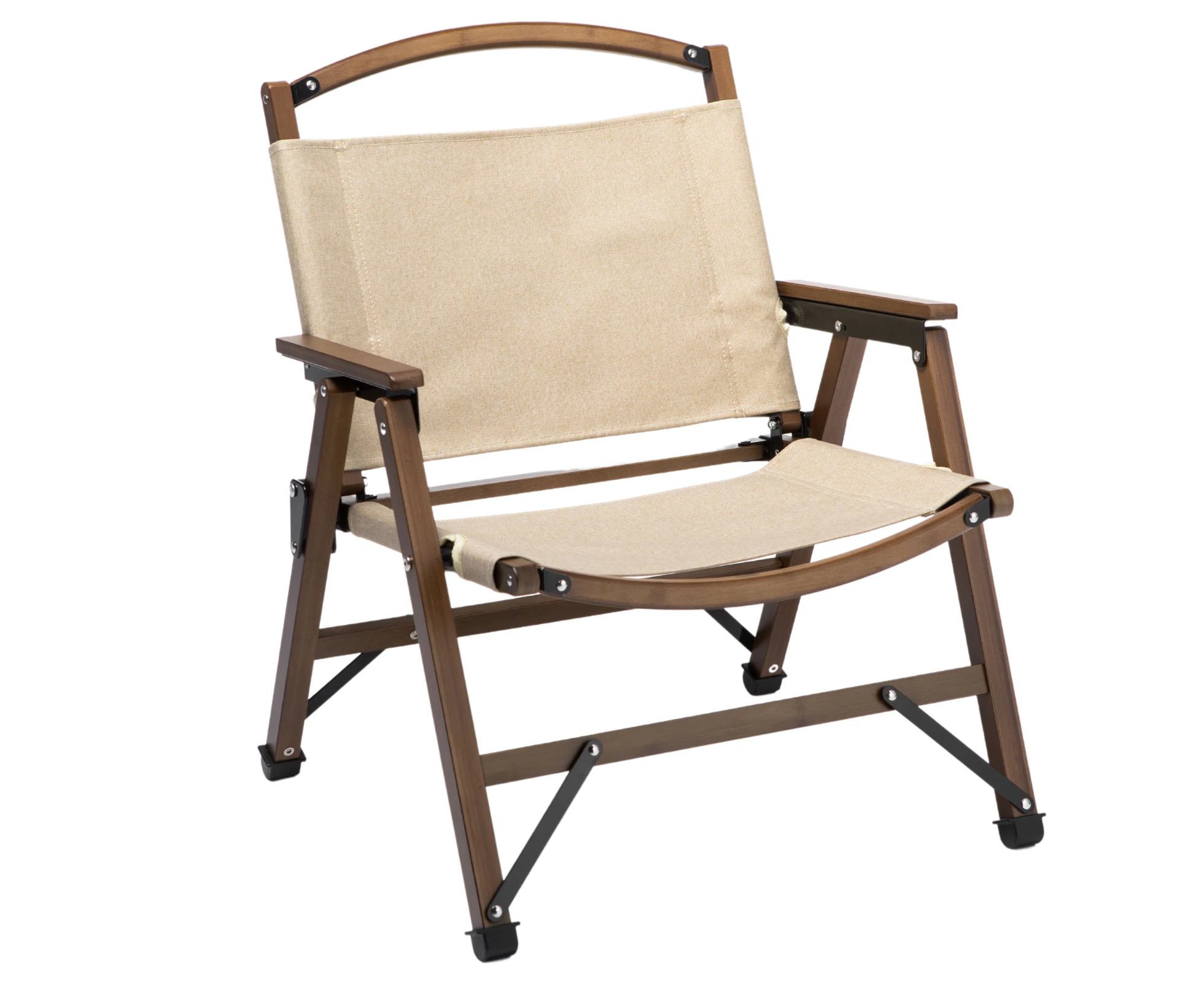 Bamboo Canvas Foldable Outdoor Camping Chair Wooden Travel Picnic Park - Khaki/Beige