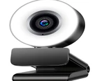 2K HD Streaming Media Camera with Microphone, 3-level Adjustable Brightness Ring Light, Auto Focus, Plug and Play Computer Web Camera