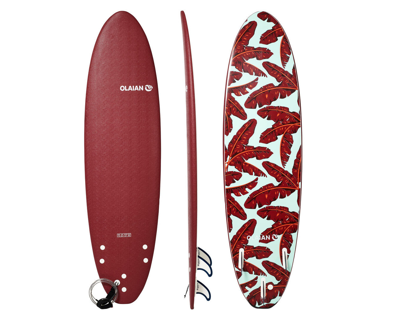 Olaian 100 foam surfboard with online leash and 3 fins