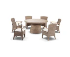Outdoor Plantation 1.5M Round Outdoor Wicker Dining Table With 6 Kai Chairs - Brushed Wheat, Cream cushions - Outdoor Wicker Dining Settings