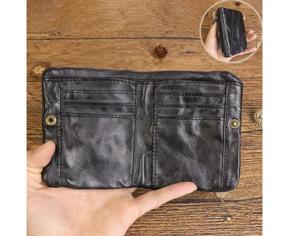 Vintage Style Men Genuine Leather Coin Purse Wallet Men with Coin Pocket Short Wallets Small Zipper Youth Purse with Card Holder—Black