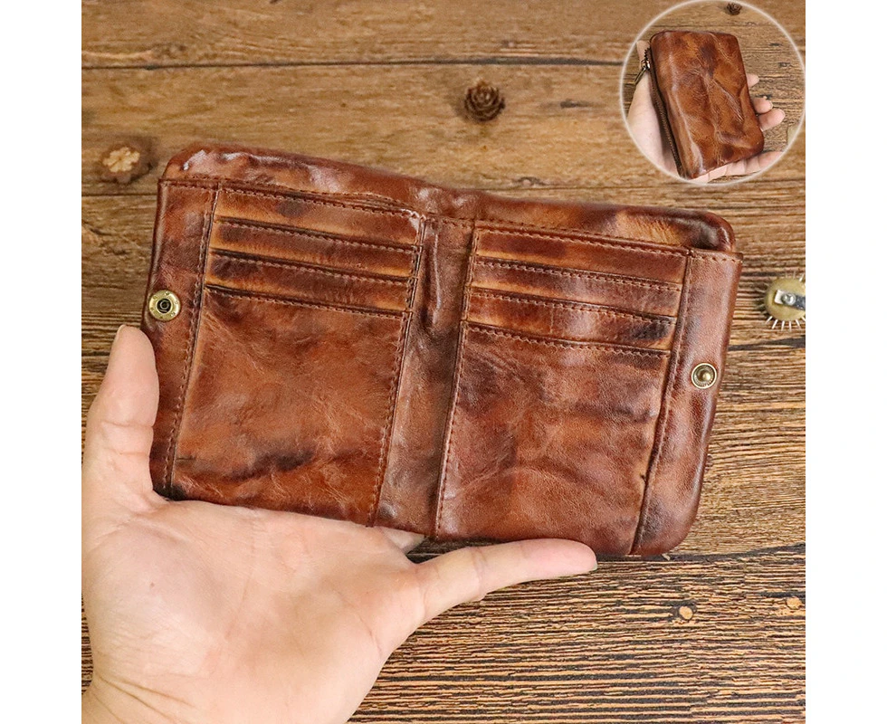 Vintage Style Men Genuine Leather Coin Purse Wallet Men with Coin Pocket Short Wallets Small Zipper Youth Purse with Card Holder—Brown