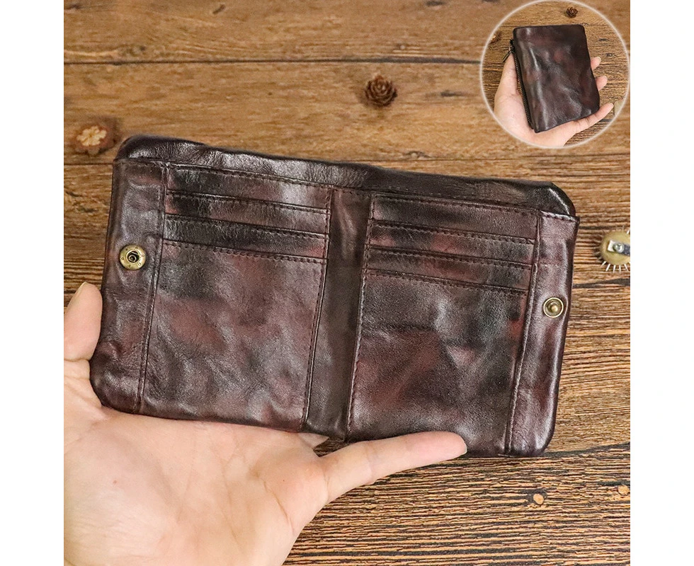 Vintage Style Men Genuine Leather Coin Purse Wallet Men with Coin Pocket Short Wallets Small Zipper Youth Purse with Card Holder—Brown