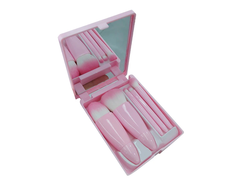 5Pcs Makeup Brushes Portable with Mirror Multi-styles Boxed Makeup Tools Soft Bristles Multifunctional Foundation Lip Eye Shadow Powder Brushes - Pink