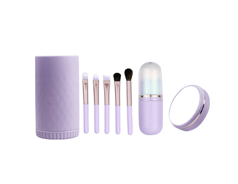 1 Set Cosmetic Brush Easy to Clean Multifunctional Soft 6 in 1 Portable Birthday Gift Rayon Animal Bristle Makeup Brush Kit with Storage Box for Trip - Purple