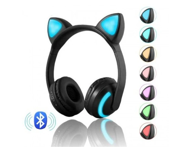 Wireless Bluetooth Stereo Gaming Headset Cat Ear Led Foldable Headphones Black