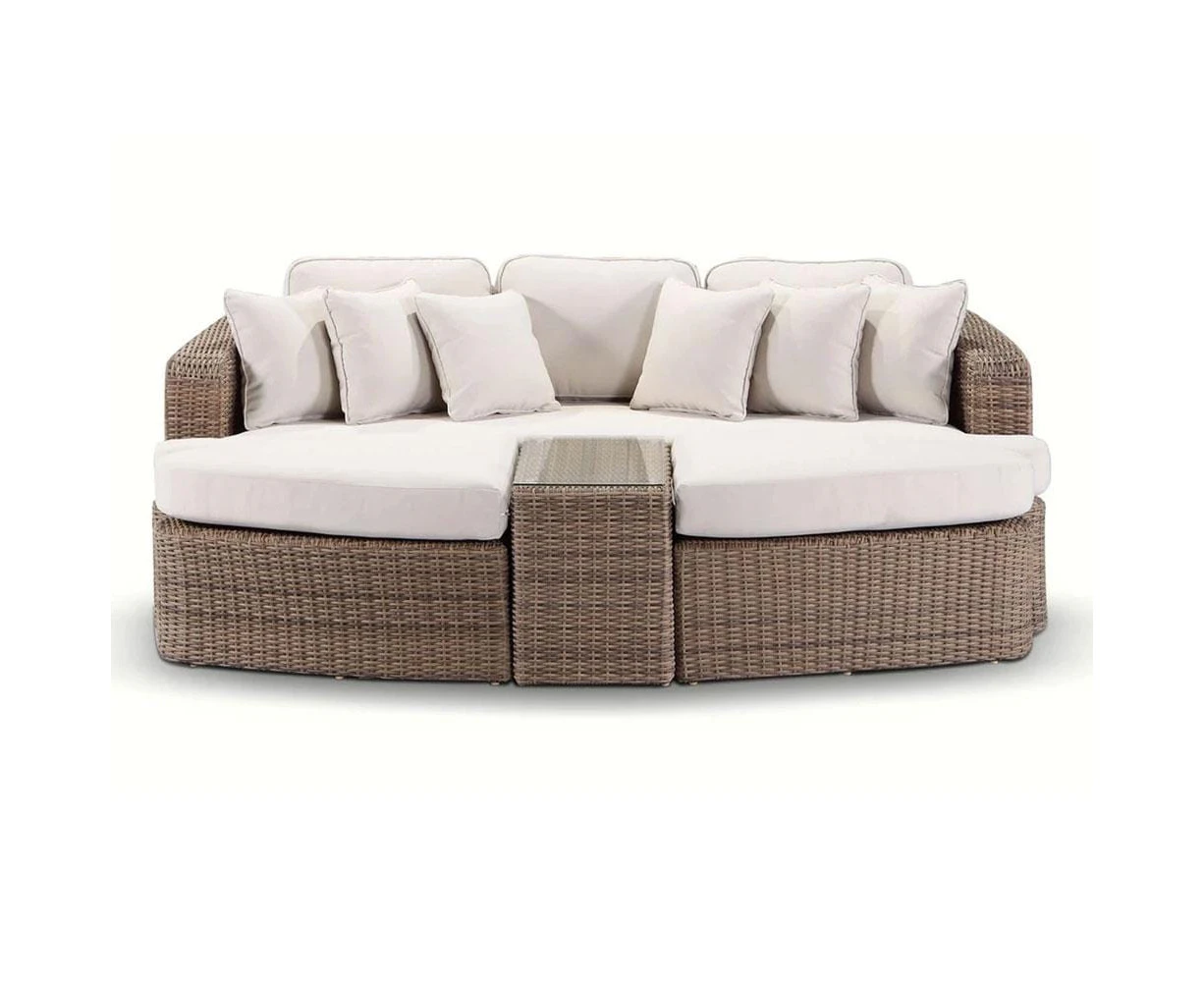 Outdoor Noosa Outdoor Modular 4 Piece Daybed In Half Round Wicker - Outdoor Daybeds - Brushed Wheat, Cream cushions