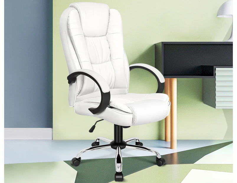 ALFORDSON Office Chair Executive PU Leather Computer Gaming Racer White Seat