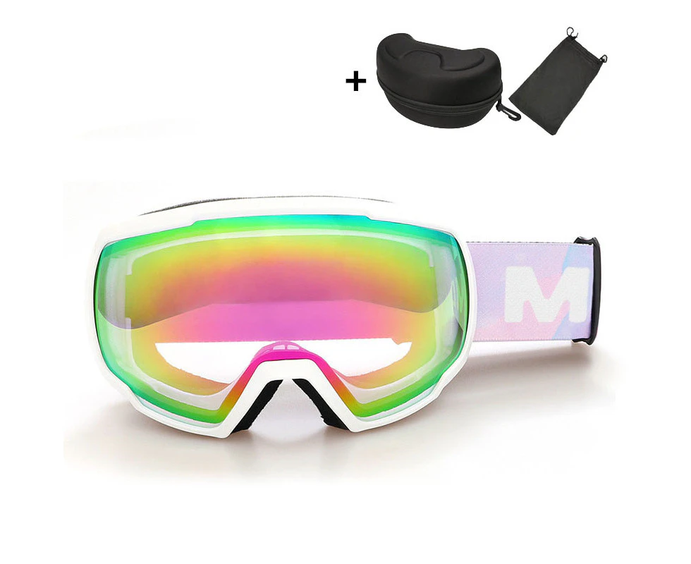 WASSUP Double Layer Ski Goggles OTG Anti-Fog UV Protection Snowboard Goggles-White&Pink