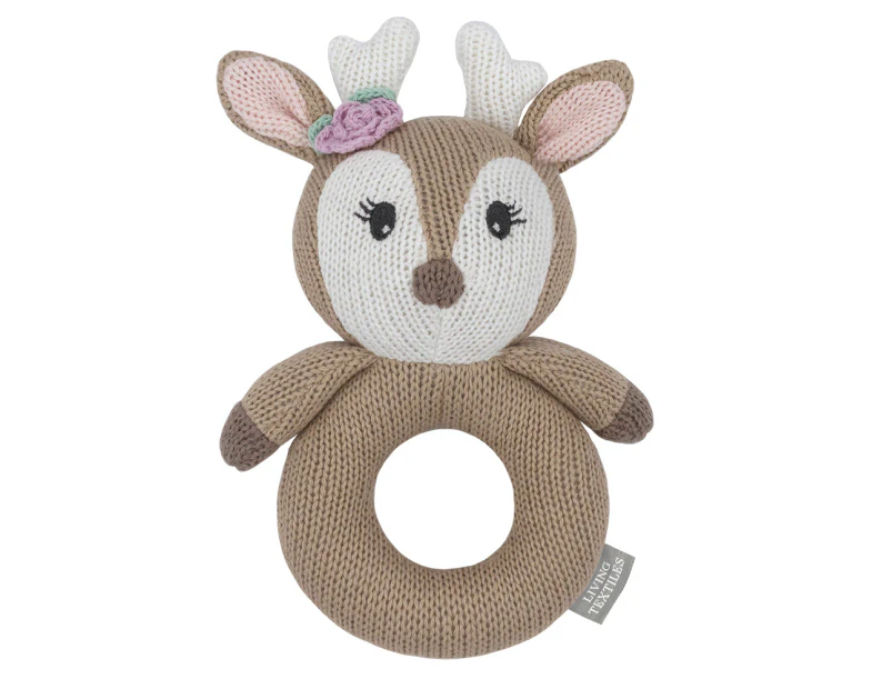 Living Textiles Newborn/Infant/Baby Cotton Knitted Ring Rattle Ava the Fawn
