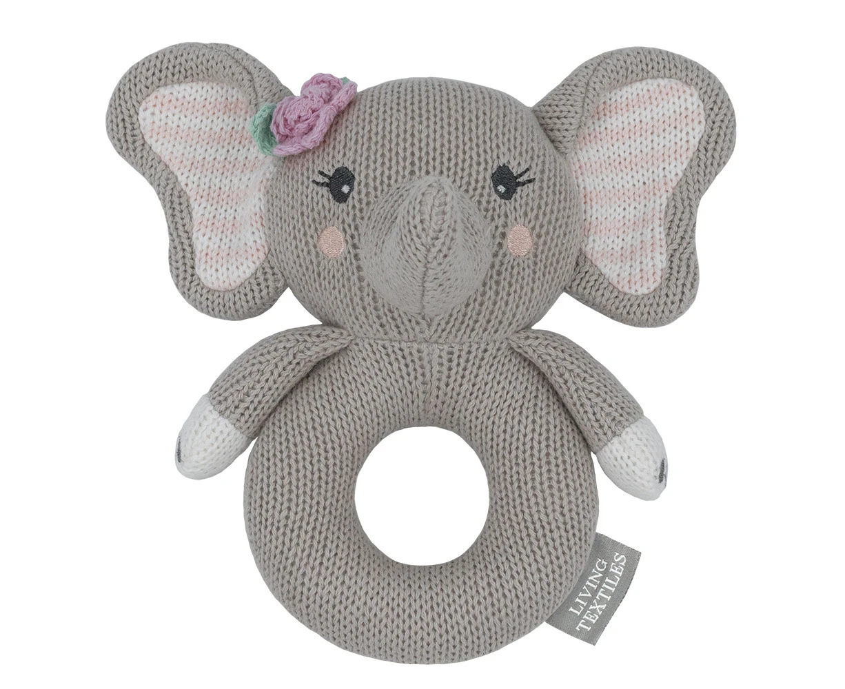 Living Textiles Newborn/Infant/Baby Cotton Knitted Ring Rattle Ella the Elephant