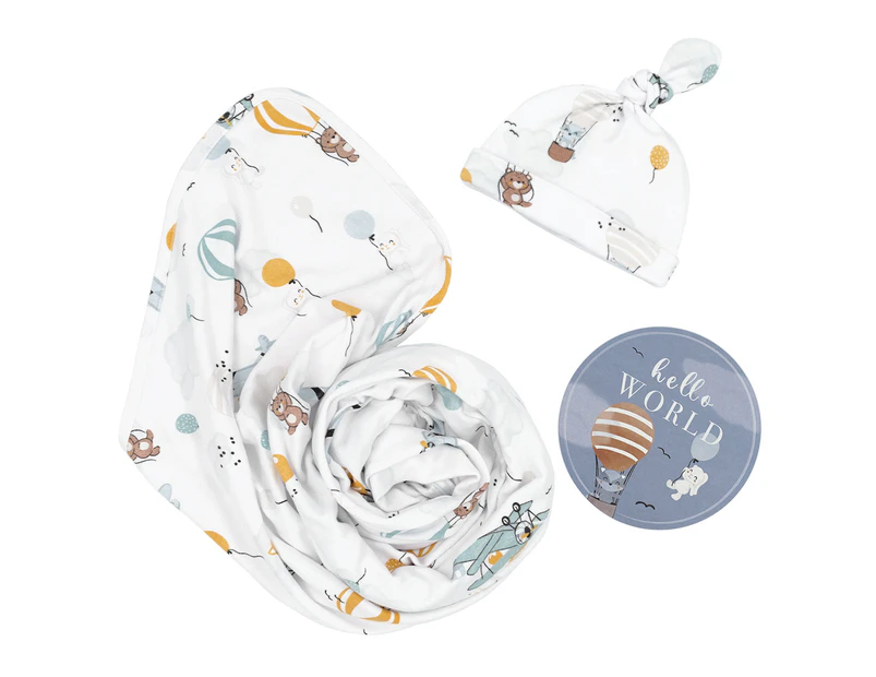 Living Textiles Newborn/Infant/Baby Swaddle/Beanie Cotton Gift Set Up Up & Away