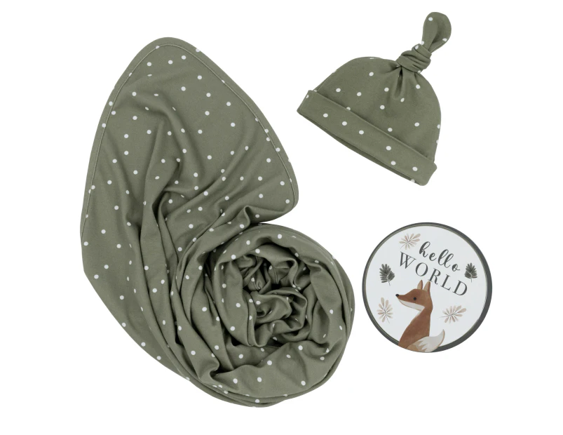 Living Textiles Newborn Baby Swaddle/Beanie Gift Giving Cotton Set Olive Spots