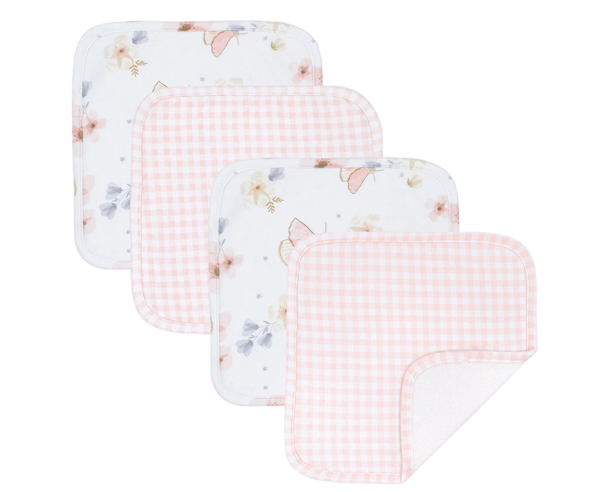 4pc Living Textiles Newborn/Baby/Infant Cotton Wash Cloths Butterfly Garden