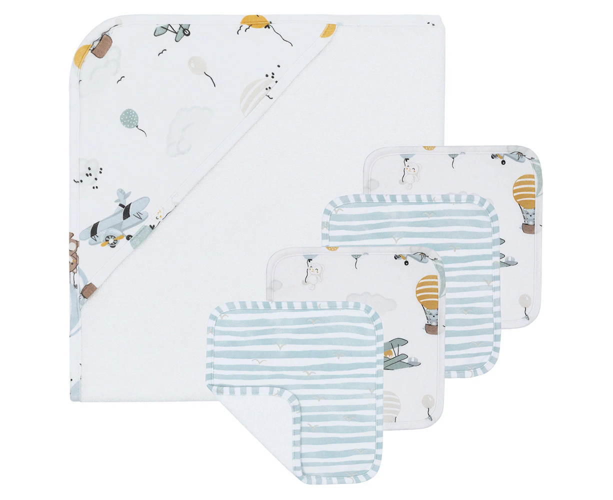 5pc Living Textiles Infant/Baby Cotton Hooded Towel Bath Gift Set Up Up & Away