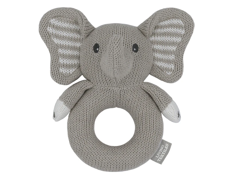 Living Textiles Newborn/Infant/Baby Cotton Knitted Ring Rattle Mason Elephant