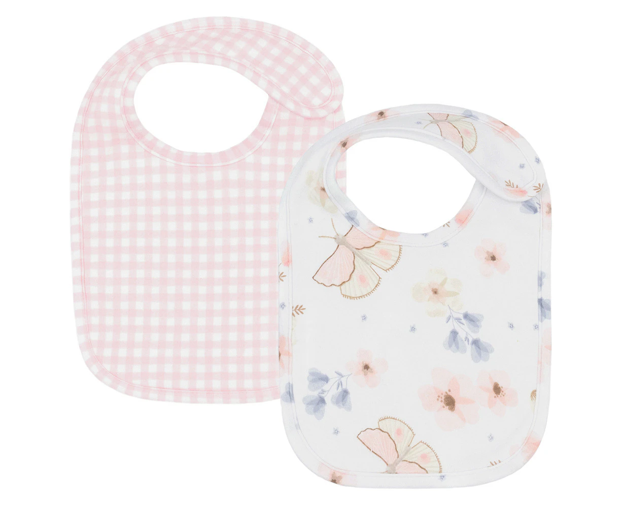 2pc Living Textiles Baby/Newborn/Children's Cotton Bibs Butterfly/Blush Gingham