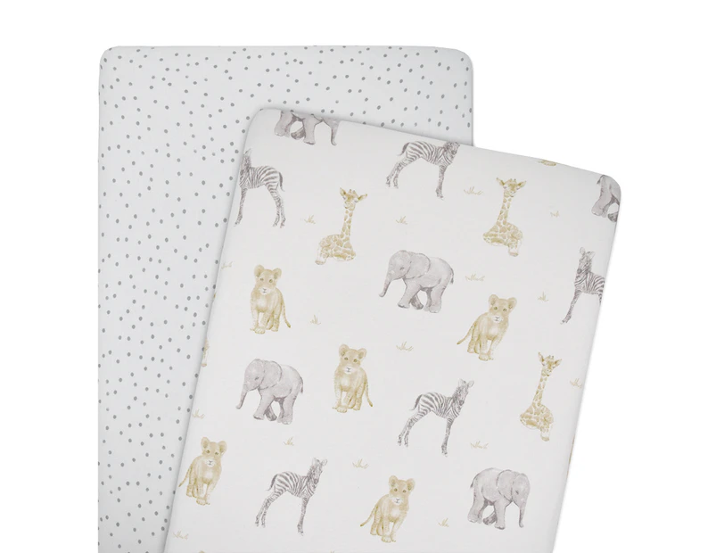 2pc Living Textiles Bedside Cotton Co-Sleeper Fitted Sheet Savanna Pitter Patter