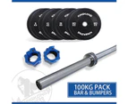 100KG Olympic Black Bumper Plates Set + 20KG Olympic Barbell 700LB