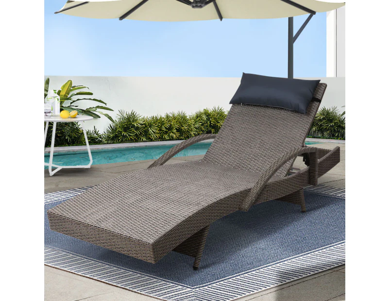 Gardeon Sun Lounge Wicker Lounger Outdoor Furniture Beach Armchair Adjustable Grey&Beige