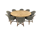 Solomon 1.8m Round Teak Dining Table w/Coastal Wicker Chairs - Outdoor Wicker Dining Settings - Brushed Grey