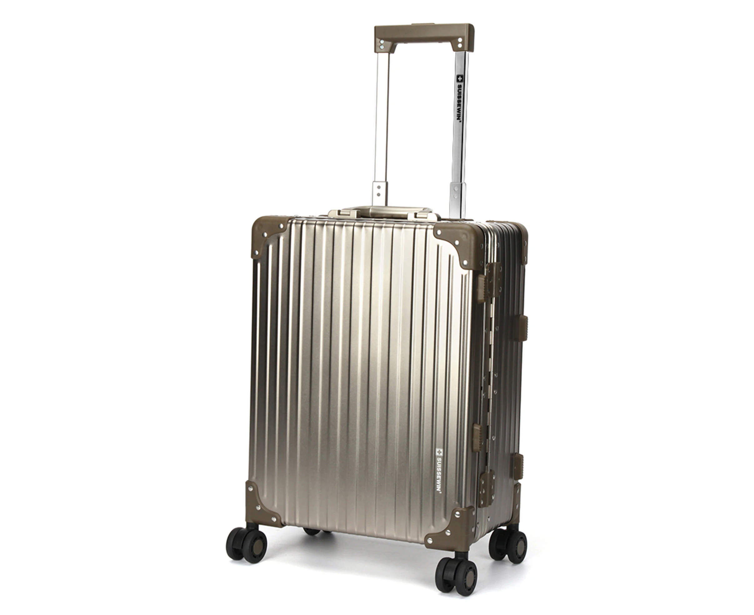 Swiss Full Aluminium Luggage Suitcase Lightweight with TSA locker 8 wheels 360 degree rolling Carry On HardCase Champagne