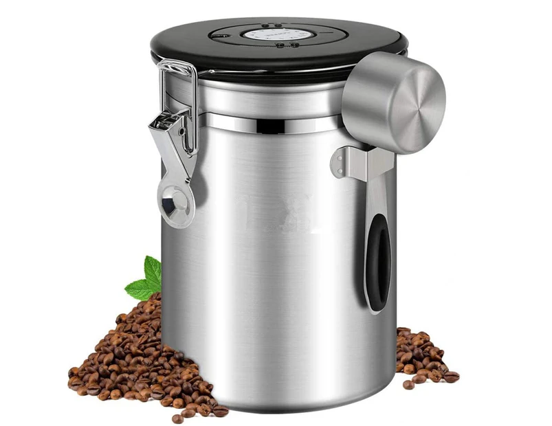 Airtight Stainless Steel Coffee Canister, Coffee Bean Storage Container Jar for Beans, Grounds, Tea, Flour, Cereal, Sugar (1.8L) - Silver