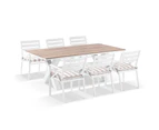 Outdoor Kansas 2M Outdoor Teak Timber And Aluminium Dining Table With 8 Chairs With Sunbrella Cushions - Outdoor Aluminium Dining Settings - White with Sunbrella cushions