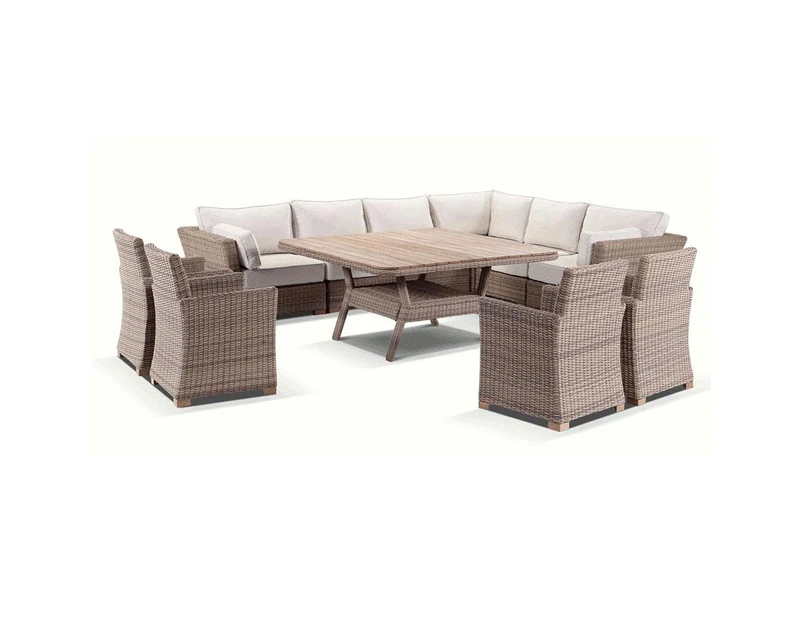 Outdoor Coco 11 Piece Outdoor Modular Corner Lounge And Dining Table And Chairs Setting - Brushed Wheat, Cream cushions - Outdoor Wicker Lounges