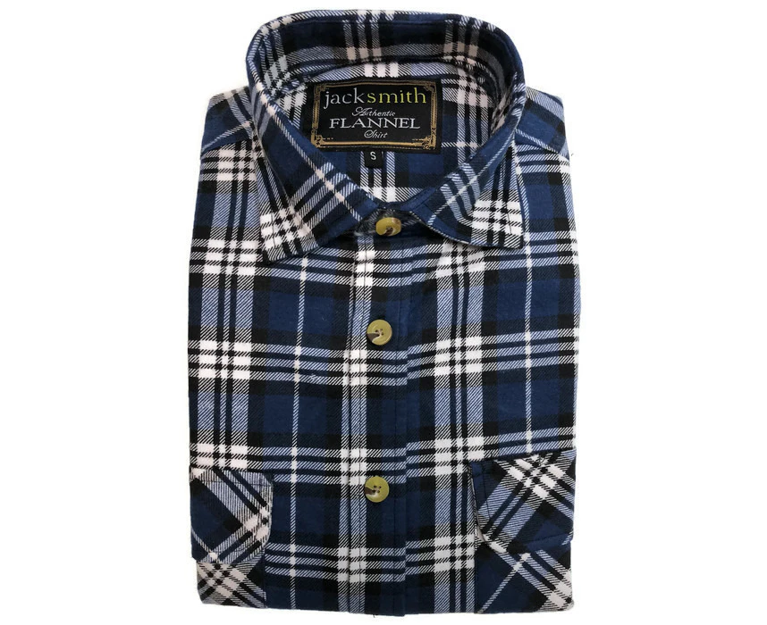 Mens Flannelette Shirt 100% Cotton Check Authentic Flannel Long Sleeve Vintage - Navy Check