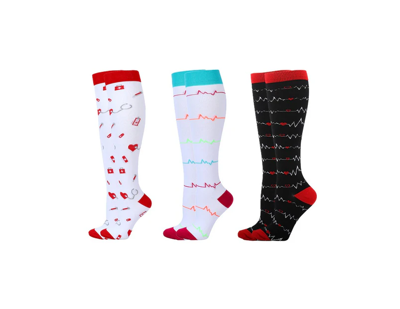 3Pair Knee-Length Printed Compression Socks-Style 1 and Style 2 and Style 3