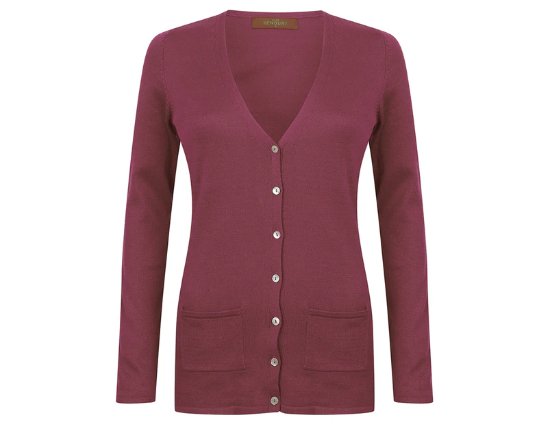 Henbury Ladies/Womens V-Neck Button Fine Knit Cardigan (Burgundy) - RW662