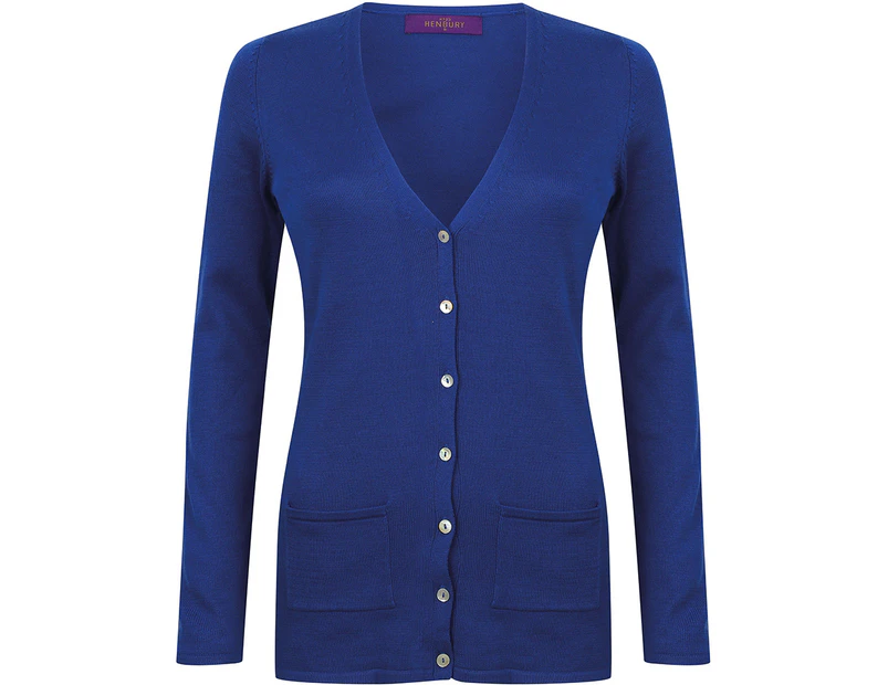 Henbury Ladies/Womens V-Neck Button Fine Knit Cardigan (Royal) - RW662