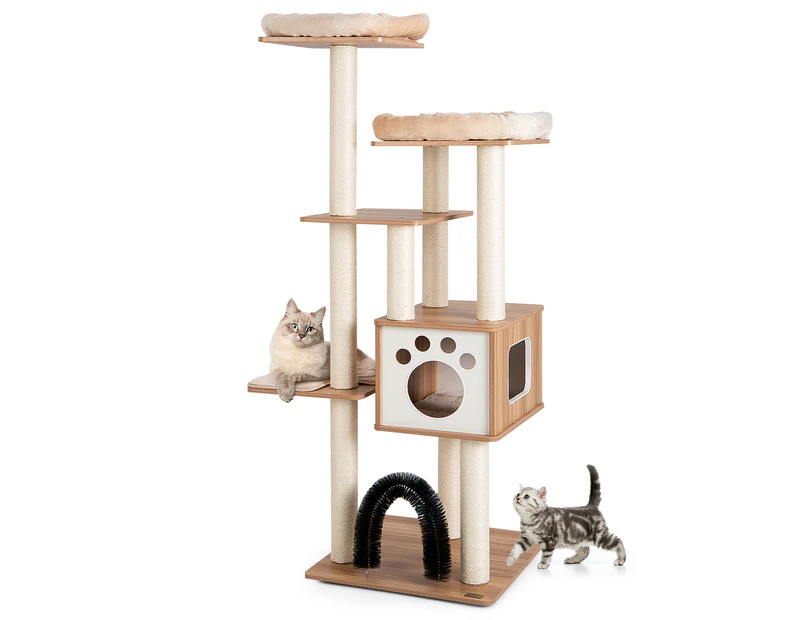 Costway 6-Layer Wood Cat Tree Tower Full Sisal Scratching Post Scratcher Cat Condo Pet House 176cm w/Self-Groomer Arch