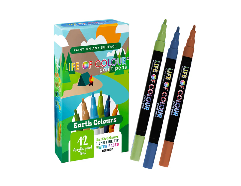 Earth Colours 1mm Fine Tip Acrylic Paint Pens - Set of 12