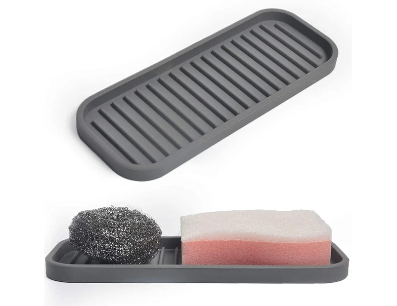Silicone Sponge Holder, Kitchen Sink Organizer Tray Dish Caddy Soap Dispenser, Scrubber Spoon Holder (2 Pack)Dark gray