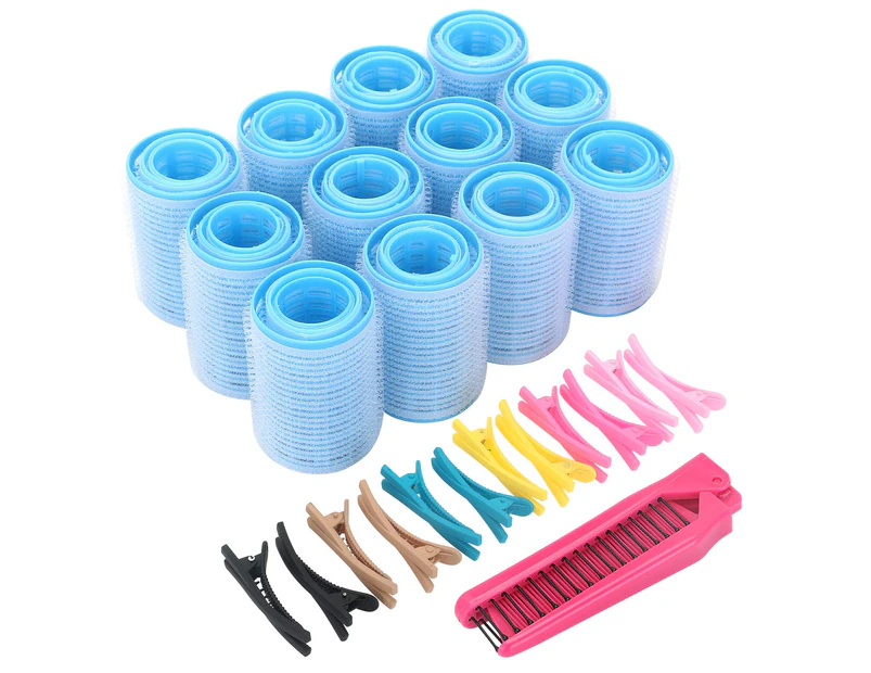 Self Grip Hair Rollers Set, with Hairdressing Curlers (Large, Medium, Small), Folding Pocket Plastic Comb, Duckbill Clips