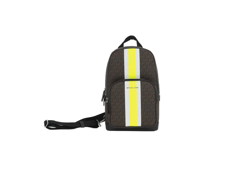 Michael Kors Cooper Medium Signature PVC Varsity Stripe Commuter Slingpack  Crossbody Bag (Brown Signature/Neon) 