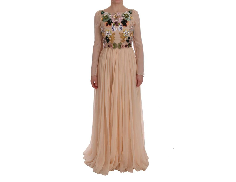 Dolce  Gabbana Pink Silk Floral Crystal Maxi Gown Dress