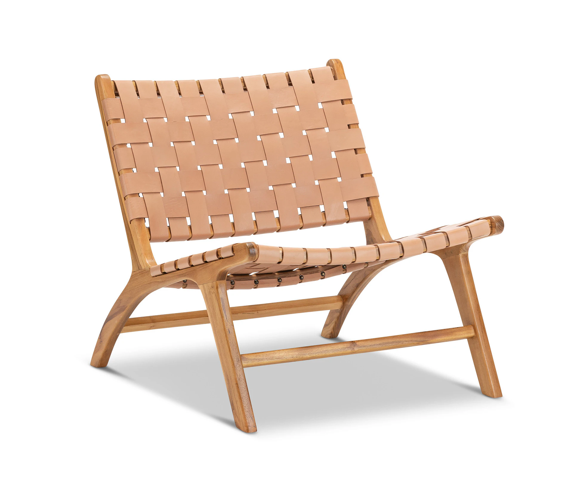 Casey Nude Tan Woven Leather Solid Natural Teak Wood Lounge Chair