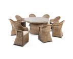 Outdoor Plantation 8 Seater Outdoor Wicker Round Patio Dining Table And Chairs Setting - Outdoor Wicker Dining Settings - Full Round Brushed Wheat Cream